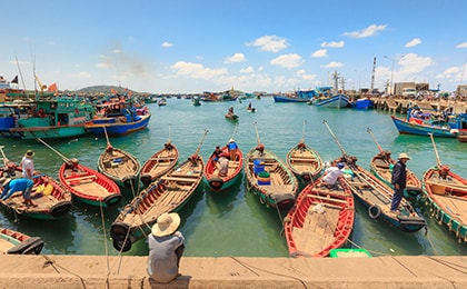 Рыбацкая деревня Ганх Дау с деревянными лодками на северной оконечности Фукуока