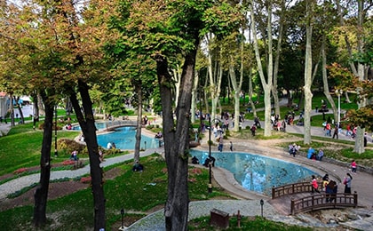 Парк Гюльхане осенью с жёлто-красными деревьями и дорожками для прогулок